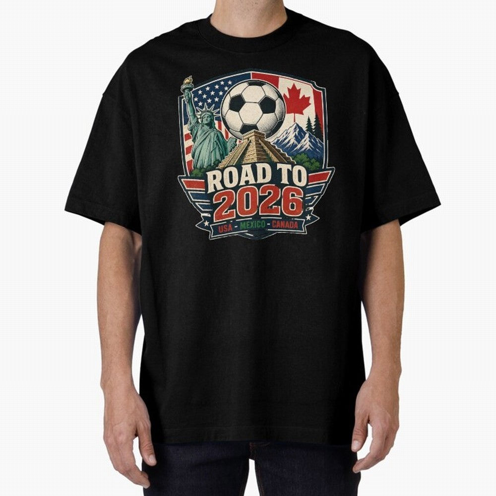 Road to 2026 USA Mexico Canada Soccer Design Oversized T-Shirt Support Your Favorite Stars during FIFA World Cup 2026 Spirit, Highlighting Argentina and Brazil, Cristiano Ronaldo, Supporter Pride, Iconic Celebrations, Legendary Names and Global