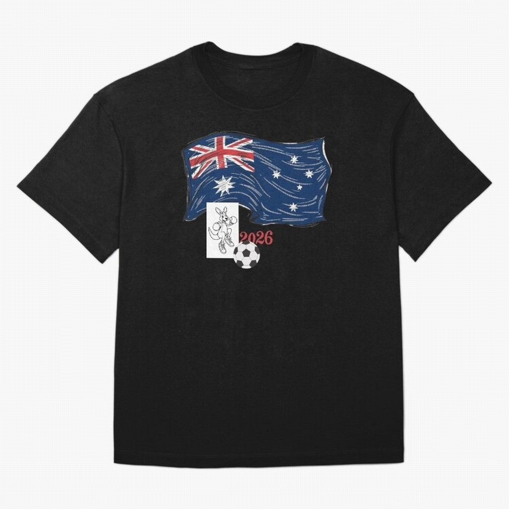 Australia 2026 Soccer Pride - Boxing Kangaroo & Dynamic Waving Flag. Oversized T-Shirt Celebrate Rivalries and Pride in Global Football Passion for FIFA World Cup 2026 Group Stage, with CR7 and Messi, England and Germany, Championship Spirit,
