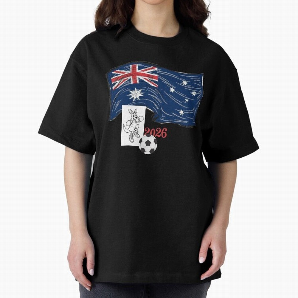 Australia 2026 Soccer Pride - Boxing Kangaroo & Dynamic Waving Flag. Oversized T-Shirt Celebrate Rivalries and Pride in Global Football Passion for FIFA World Cup 2026 Group Stage, with CR7 and Messi, England and Germany, Championship Spirit,