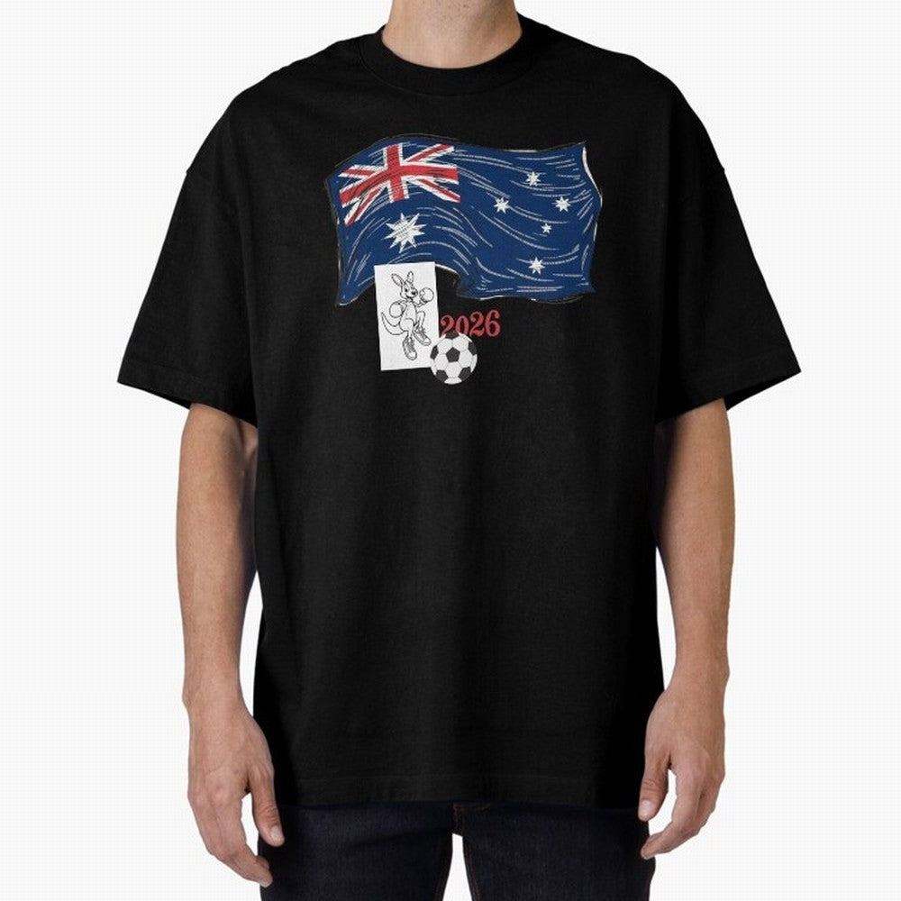 Australia 2026 Soccer Pride - Boxing Kangaroo & Dynamic Waving Flag. Oversized T-Shirt Celebrate Rivalries and Pride in Global Football Passion for FIFA World Cup 2026 Group Stage, with CR7 and Messi, England and Germany, Championship Spirit,