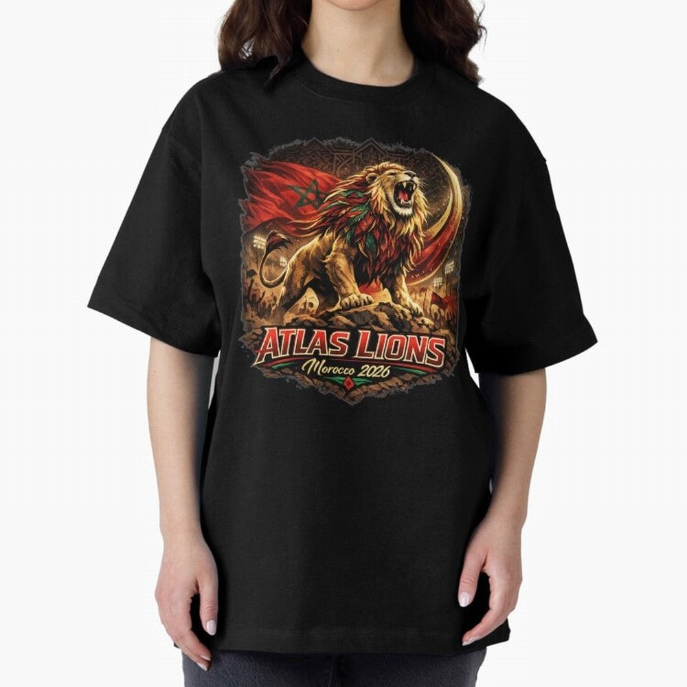 Morocco Football Fan - Atlas Lions Oversized T-Shirt Show Support during Global Football Passion for FIFA World Cup 2026 Group Stage, Made for Haaland and Mbappe, Spain and Netherlands, Global Supporter Spirit, Legendary Goals, National Colors and