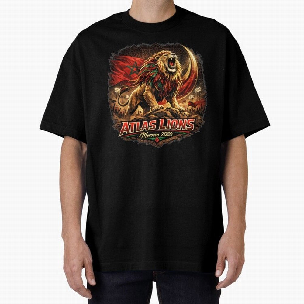 Morocco Football Fan - Atlas Lions Oversized T-Shirt Show Support during Global Football Passion for FIFA World Cup 2026 Group Stage, Made for Haaland and Mbappe, Spain and Netherlands, Global Supporter Spirit, Legendary Goals, National Colors and
