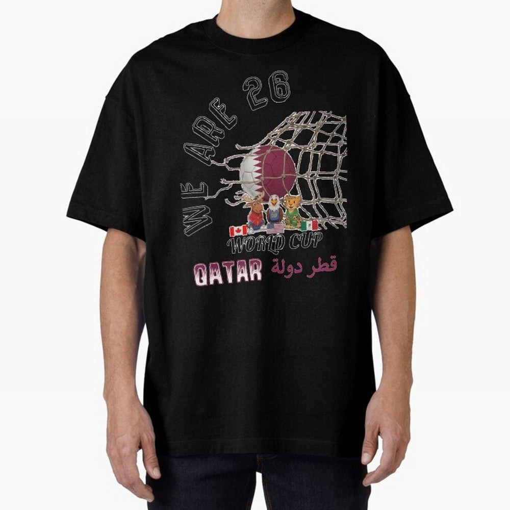 World cup 26 - Qatar Oversized T-Shirt Show Match Day Excitement for FIFA World Cup 2026 Group Stage Capturing Messi, Neymar and Mbappe, Brazil Energy, Retro Football Energy, Iconic Rivalries, Trophy Chase Drama and Stadium Atmosphere; Ideal for