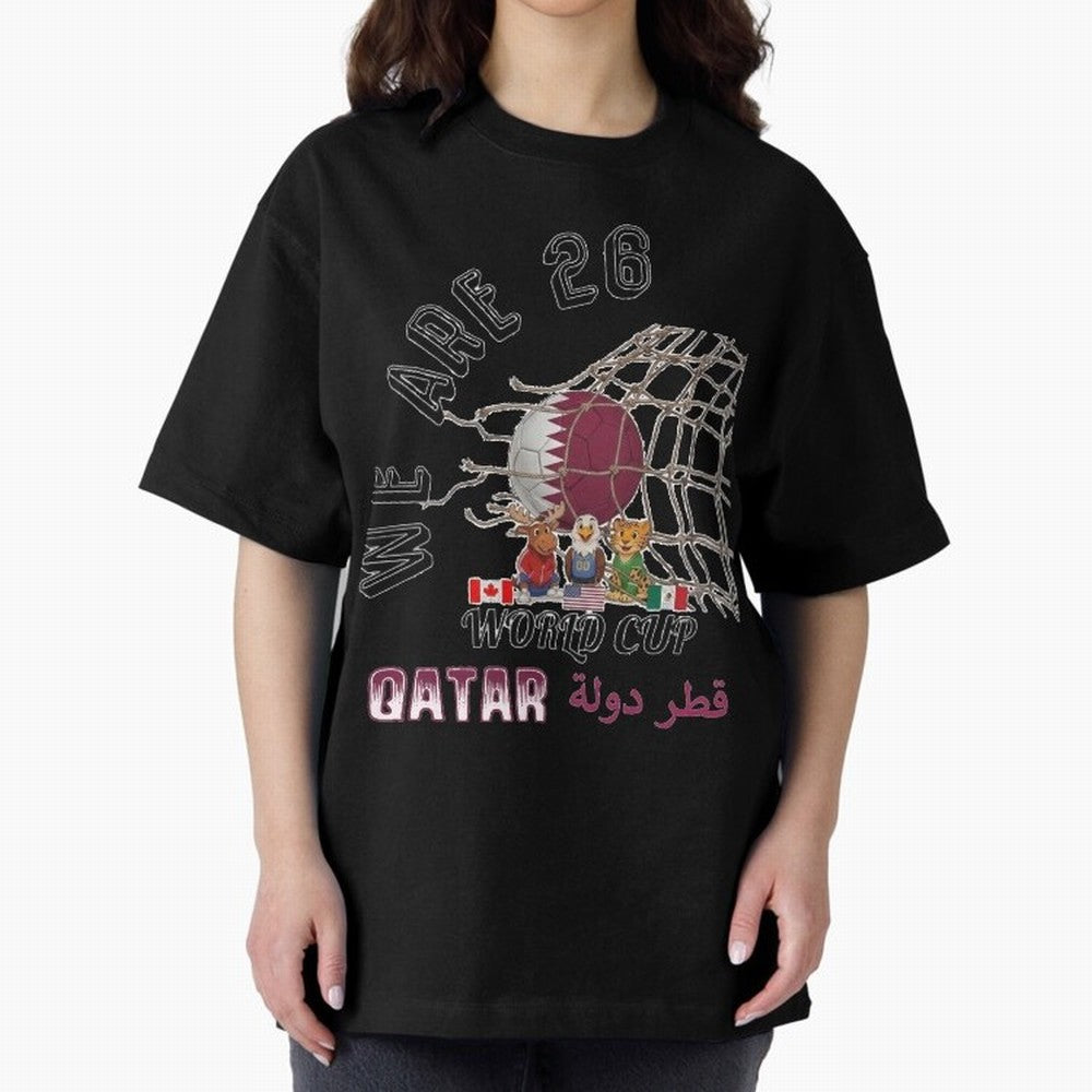 World cup 26 - Qatar Oversized T-Shirt Show Match Day Excitement for FIFA World Cup 2026 Group Stage Capturing Messi, Neymar and Mbappe, Brazil Energy, Retro Football Energy, Iconic Rivalries, Trophy Chase Drama and Stadium Atmosphere; Ideal for