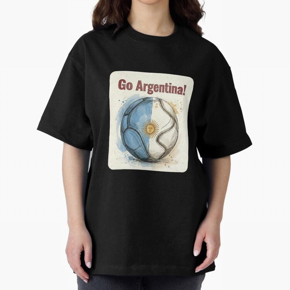 Go Argentina Soccer Ball Flag | Argentinian Football Fan Graphic Tee Oversized T-Shirt Show Your Tournament Heart for FIFA World Cup 2026 Group Stage with CR7 and Messi, Argentina, France and Brazil Energy, Championship Spirit, Famous Goals,