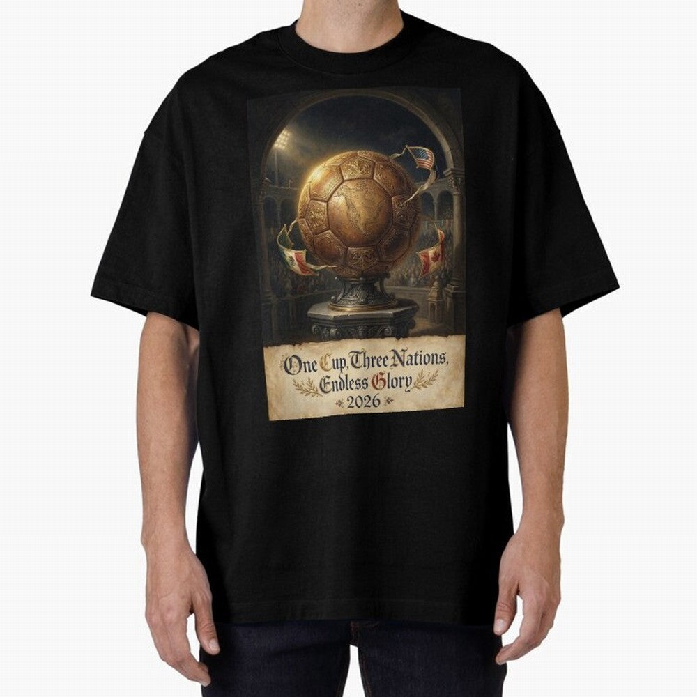 World Cup 2026 Emblem USA Canada Mexico Oversized T-Shirt Wear the Spirit of Global Football Passion for FIFA World Cup 2026 Group Stage, Made for Messi, Germany, Tournament Hype, Historic Matchups, Family Viewing Parties and Global Sports Pride;