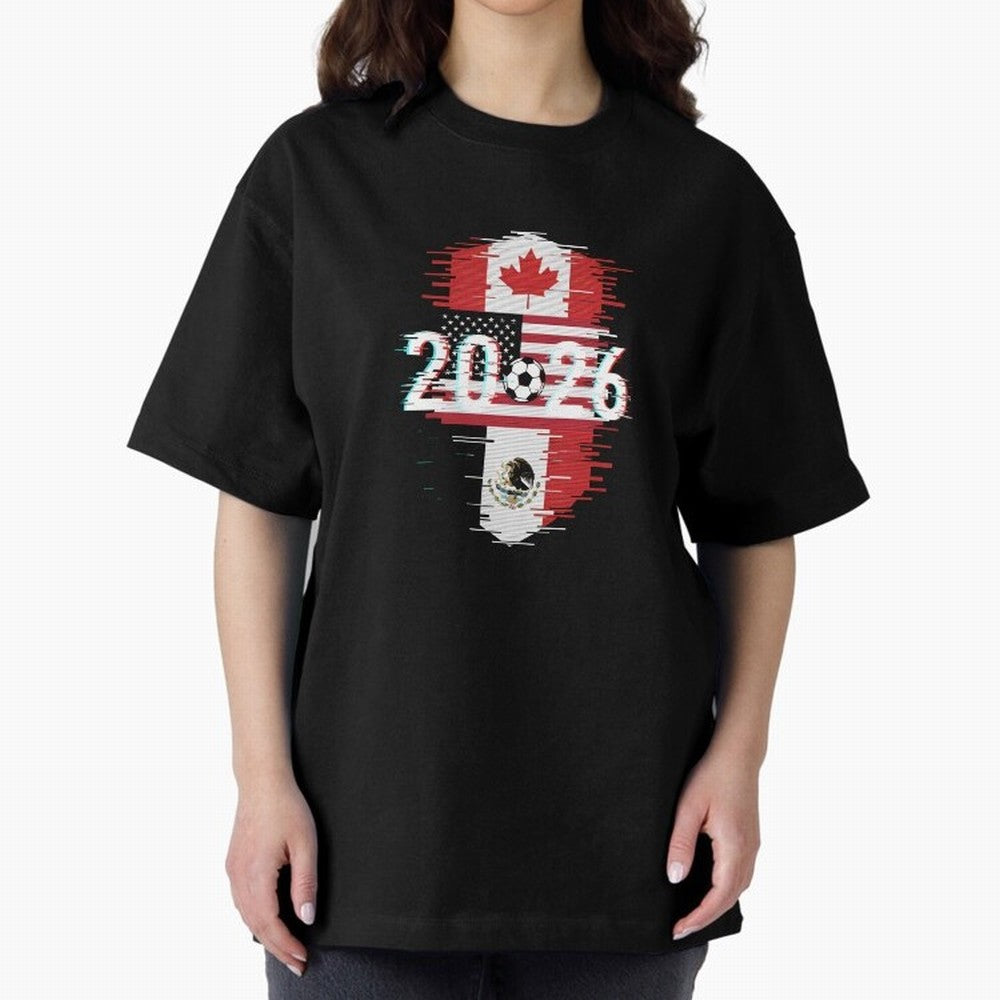 Glitched United 2026 - North America Emblem Cup T-Shirt_82794505 Oversized T-Shirt Stand with FIFA World Cup 2026 Group Stage for Fans of Mbappe and Neymar and Netherlands, Bringing Tournament Hype, Historic Matchups, Family Viewing Parties and