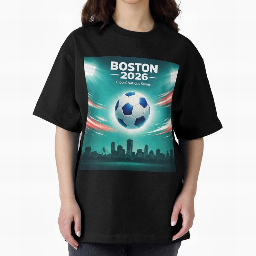 Boston 2026 Soccer Event Oversized T-Shirt Show Up for the Glory of Global Football Passion for FIFA World Cup 2026 Group Stage, with Messi and Cristiano Ronaldo, Portugal, Spain and Germany, Classic Soccer Heritage, Championship Pressure, Fan