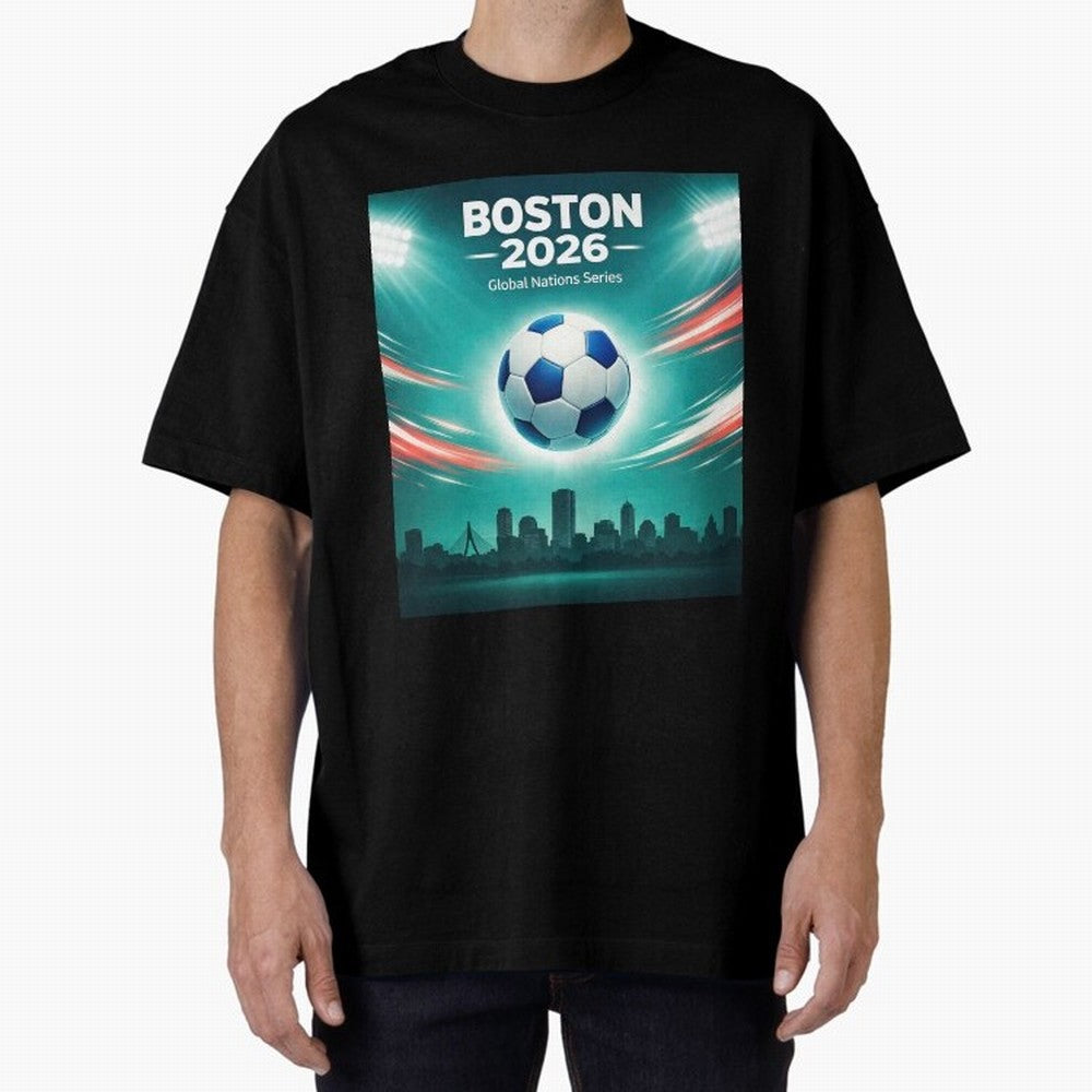Boston 2026 Soccer Event Oversized T-Shirt Show Up for the Glory of Global Football Passion for FIFA World Cup 2026 Group Stage, with Messi and Cristiano Ronaldo, Portugal, Spain and Germany, Classic Soccer Heritage, Championship Pressure, Fan