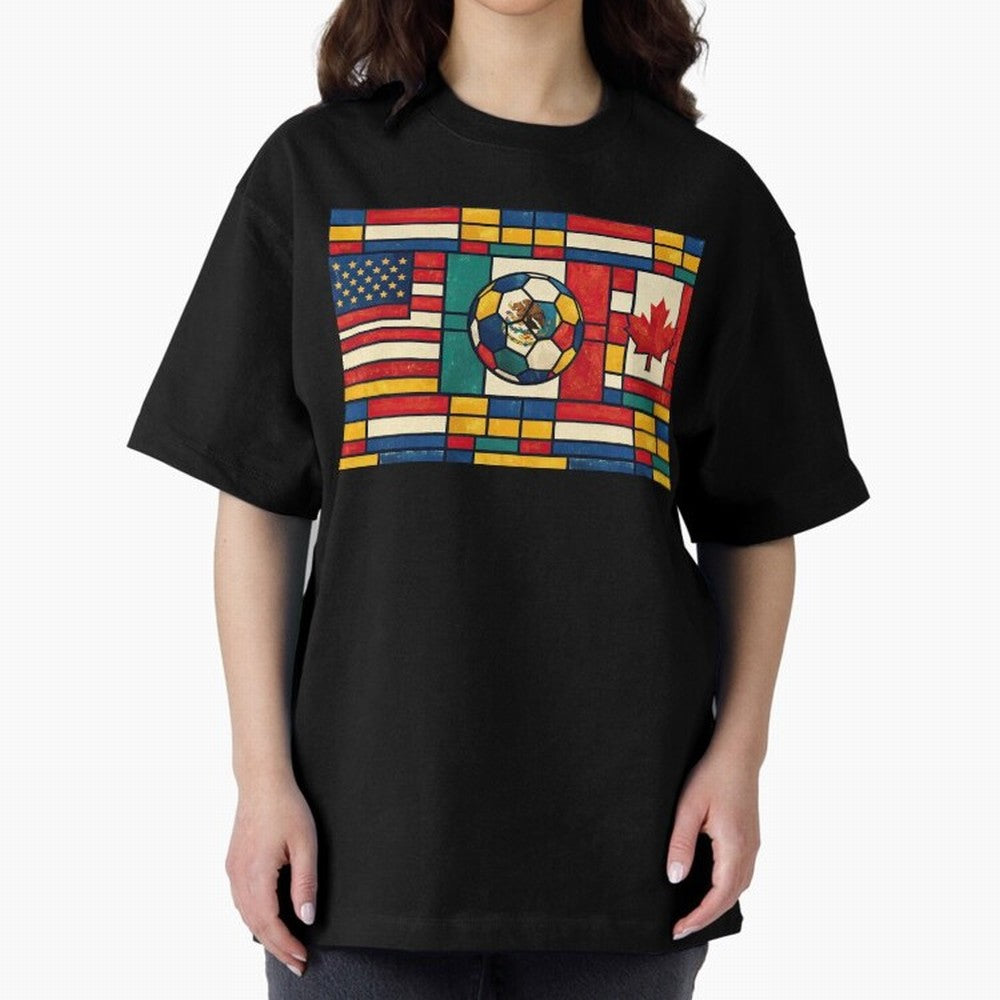 Elegant World Cup Stadiums Geometrical | Soccer Flags Mexico Canada USA Oversized T-Shirt Show Fan Pride Across the FIFA World Cup 2026 Journey through Cristiano Ronaldo Highlights, Spain Pride, Retro Football Energy, Iconic Rivalries, Trophy Chase