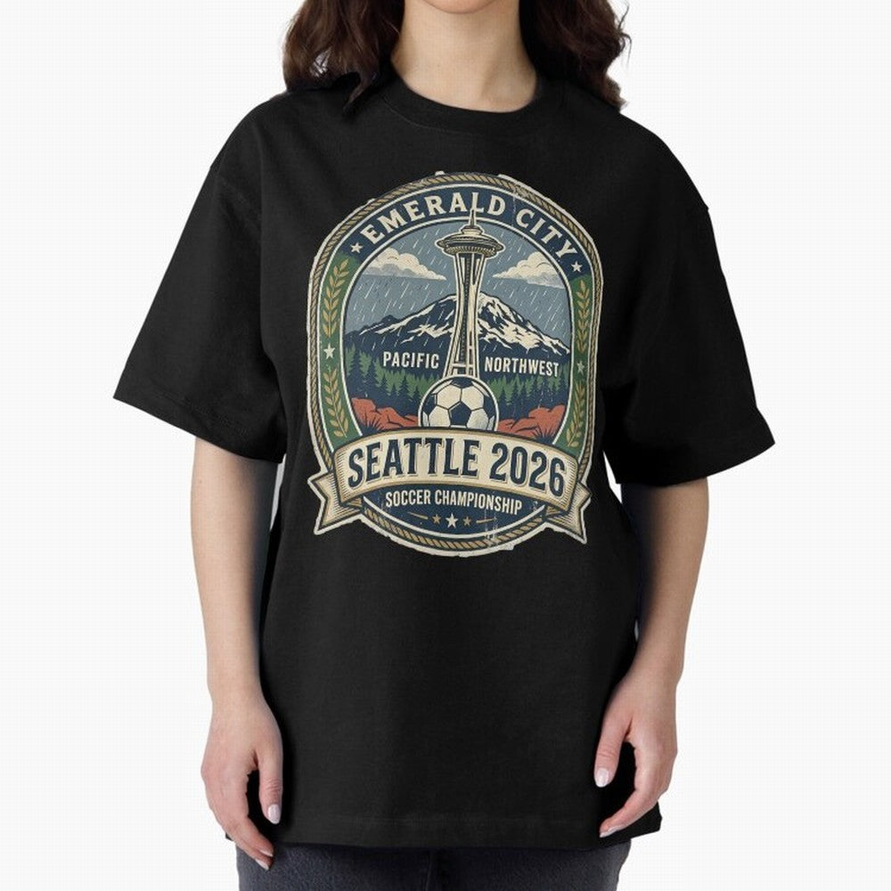 Seattle 2026 World Cup Host City Vintage Football Badge ¡ª Emerald City Space Needle Soccer Oversized T-Shirt Show Fan Pride Across Match Day Hype around FIFA World Cup 2026, Haaland, Netherlands, Tournament Hype, Historic Matchups, Family Viewing