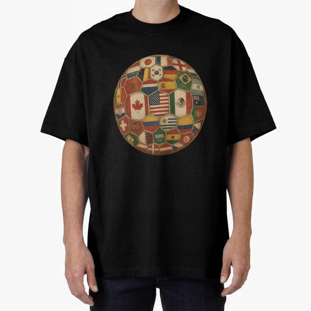 Vintage World Flags Soccer Ball,2026 International Football Graphic Gifts Tee Oversized T-Shirt Celebrate Rivalries and Pride in Match Day Hype around FIFA World Cup 2026 Group Stage, Messi, Netherlands, Vintage Soccer Flavor, Modern Football