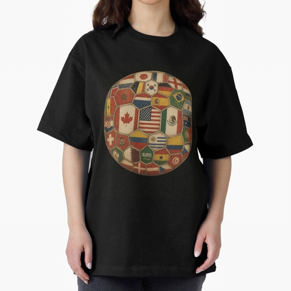 Vintage World Flags Soccer Ball,2026 International Football Graphic Gifts Tee Oversized T-Shirt Celebrate Rivalries and Pride in Match Day Hype around FIFA World Cup 2026 Group Stage, Messi, Netherlands, Vintage Soccer Flavor, Modern Football