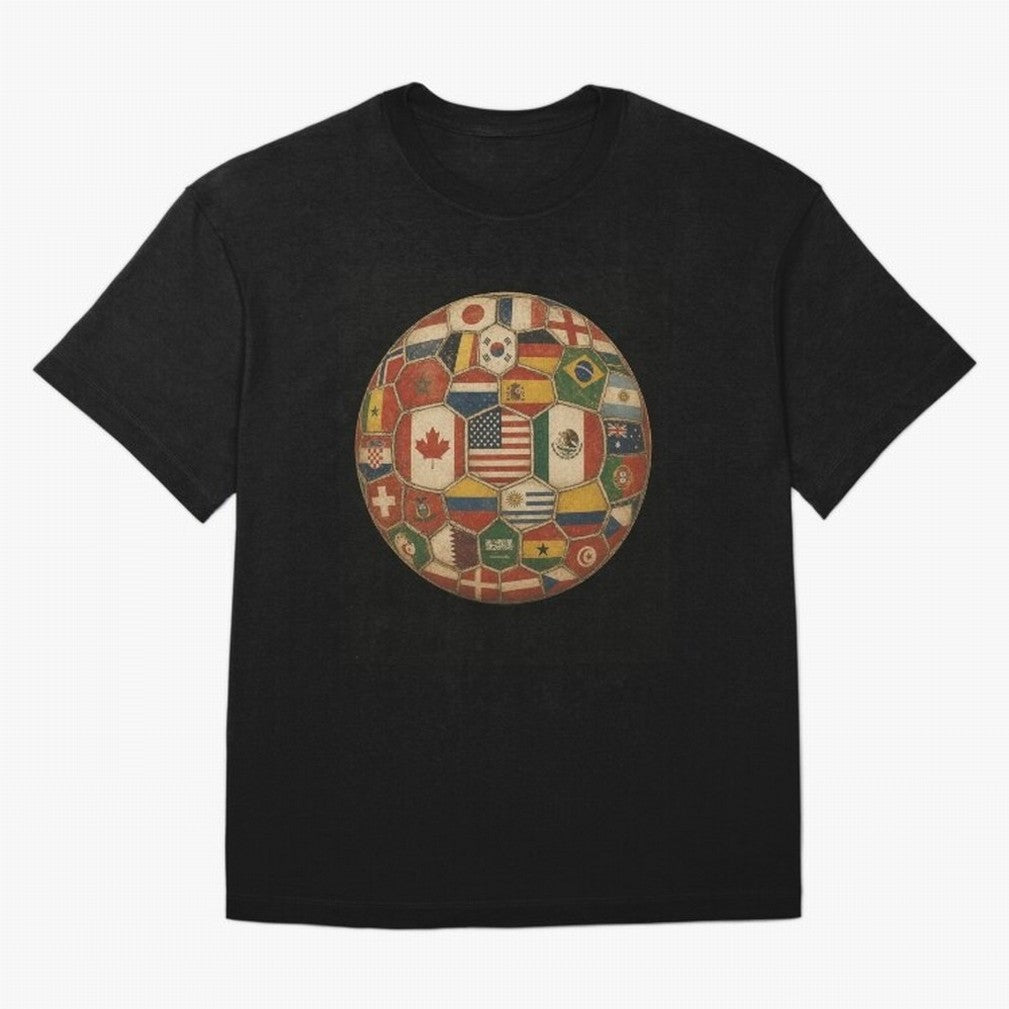 Vintage World Flags Soccer Ball,2026 International Football Graphic Gifts Tee Oversized T-Shirt Celebrate Rivalries and Pride in Match Day Hype around FIFA World Cup 2026 Group Stage, Messi, Netherlands, Vintage Soccer Flavor, Modern Football