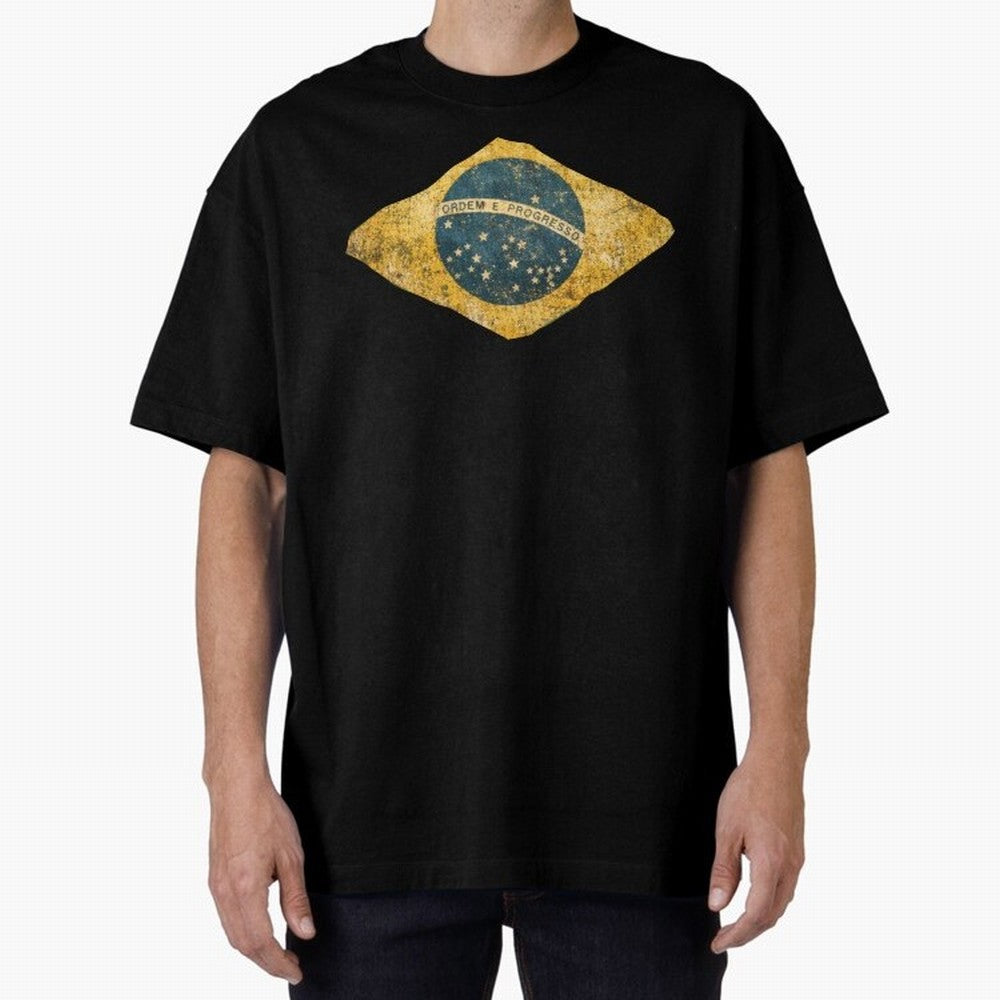 Vintage Brazil Flag Soccer Fan Design Oversized T-Shirt Celebrate National Team Dreams in Match Day Hype around FIFA World Cup 2026 Group Stage, Neymar, Argentina and Brazil, Championship Spirit, Famous Goals, Roaring Crowds and International