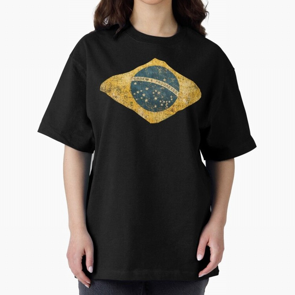 Vintage Brazil Flag Soccer Fan Design Oversized T-Shirt Celebrate National Team Dreams in Match Day Hype around FIFA World Cup 2026 Group Stage, Neymar, Argentina and Brazil, Championship Spirit, Famous Goals, Roaring Crowds and International