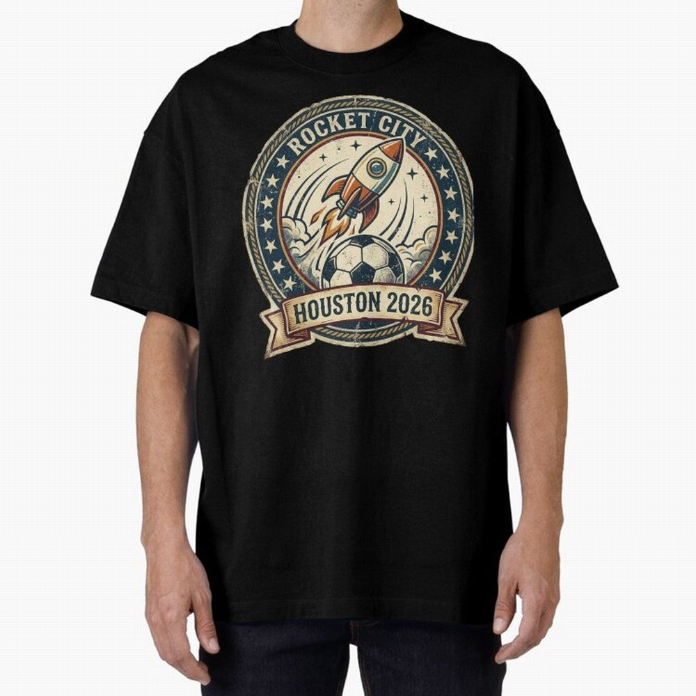 Houston 2026 World Cup Host City Vintage Football Badge ¡ª Rocket City Space Soccer Crest Design Oversized T-Shirt Turn Every Weekend Toward the FIFA World Cup 2026 USA Canada Mexico Journey through Neymar, Haaland and Cristiano Ronaldo Highlights,