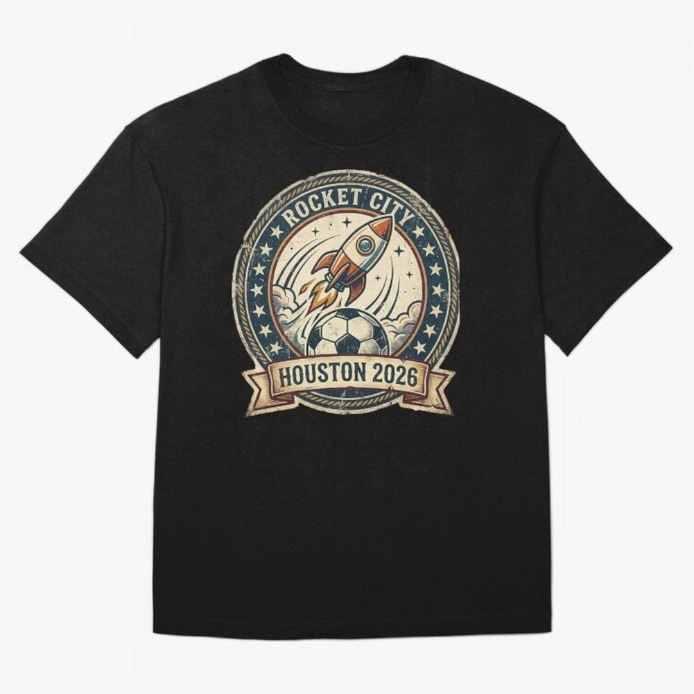 Houston 2026 World Cup Host City Vintage Football Badge ¡ª Rocket City Space Soccer Crest Design Oversized T-Shirt Turn Every Weekend Toward the FIFA World Cup 2026 USA Canada Mexico Journey through Neymar, Haaland and Cristiano Ronaldo Highlights,