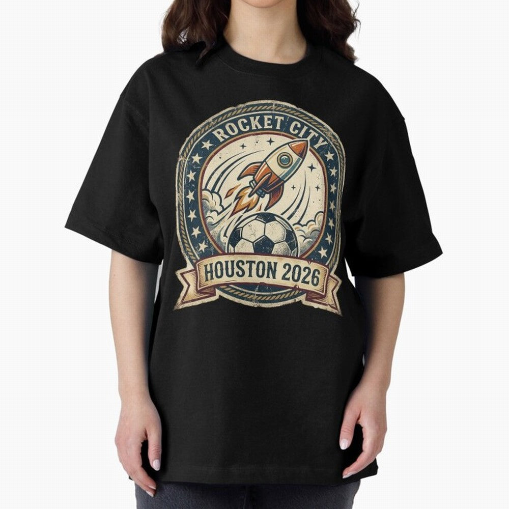 Houston 2026 World Cup Host City Vintage Football Badge ¡ª Rocket City Space Soccer Crest Design Oversized T-Shirt Turn Every Weekend Toward the FIFA World Cup 2026 USA Canada Mexico Journey through Neymar, Haaland and Cristiano Ronaldo Highlights,
