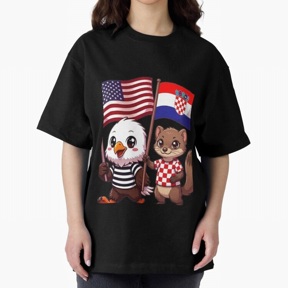 The American eagle and its friend, the Croatian marten Oversized T-Shirt Back the Journey through FIFA World Cup 2026 USA Canada Mexico for Fans of Messi and Portugal, Spain and Germany, Bringing Sports Nostalgia, International Competition, Famous