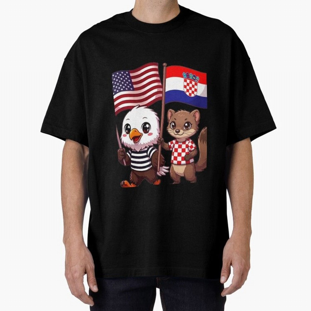 The American eagle and its friend, the Croatian marten Oversized T-Shirt Back the Journey through FIFA World Cup 2026 USA Canada Mexico for Fans of Messi and Portugal, Spain and Germany, Bringing Sports Nostalgia, International Competition, Famous