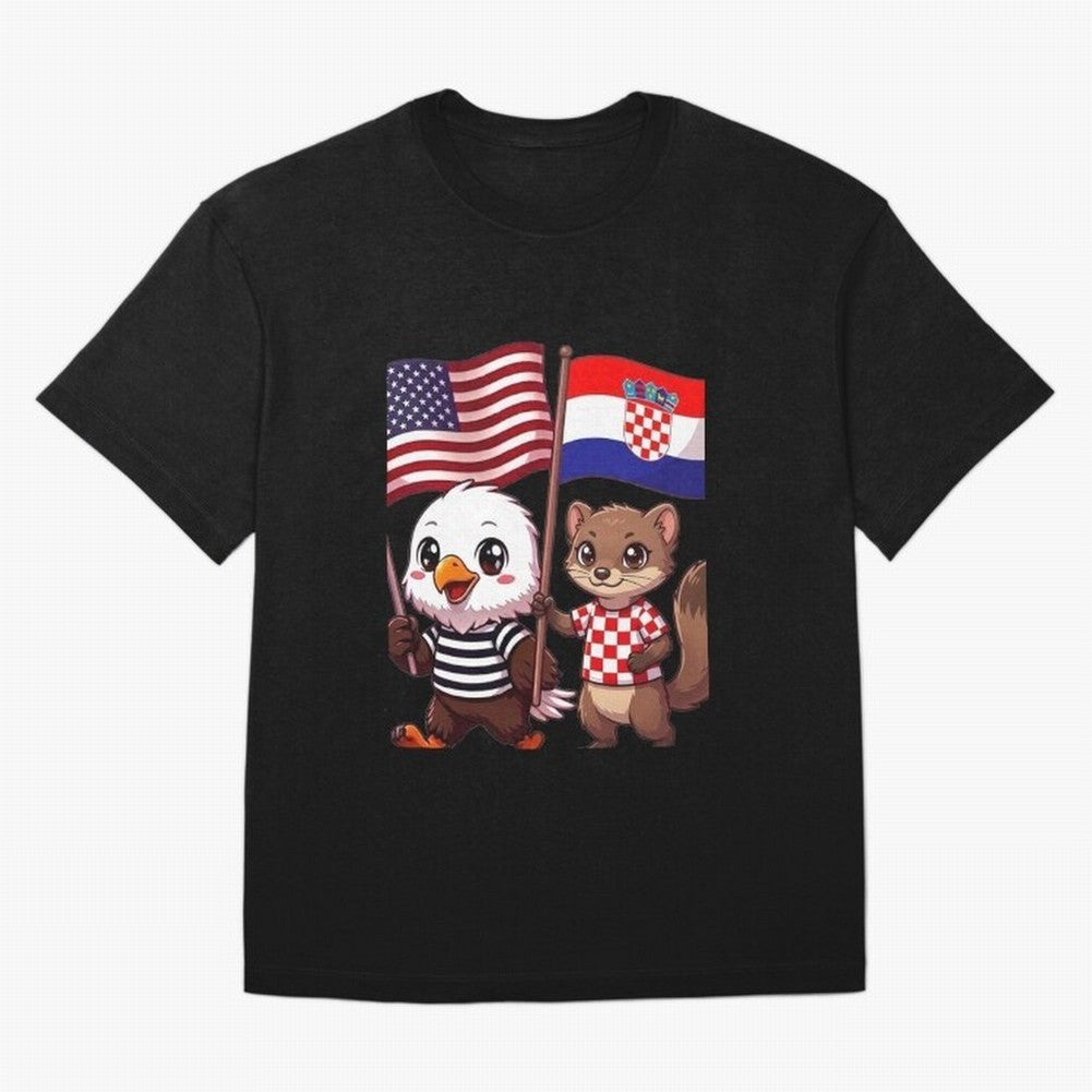 The American eagle and its friend, the Croatian marten Oversized T-Shirt Back the Journey through FIFA World Cup 2026 USA Canada Mexico for Fans of Messi and Portugal, Spain and Germany, Bringing Sports Nostalgia, International Competition, Famous