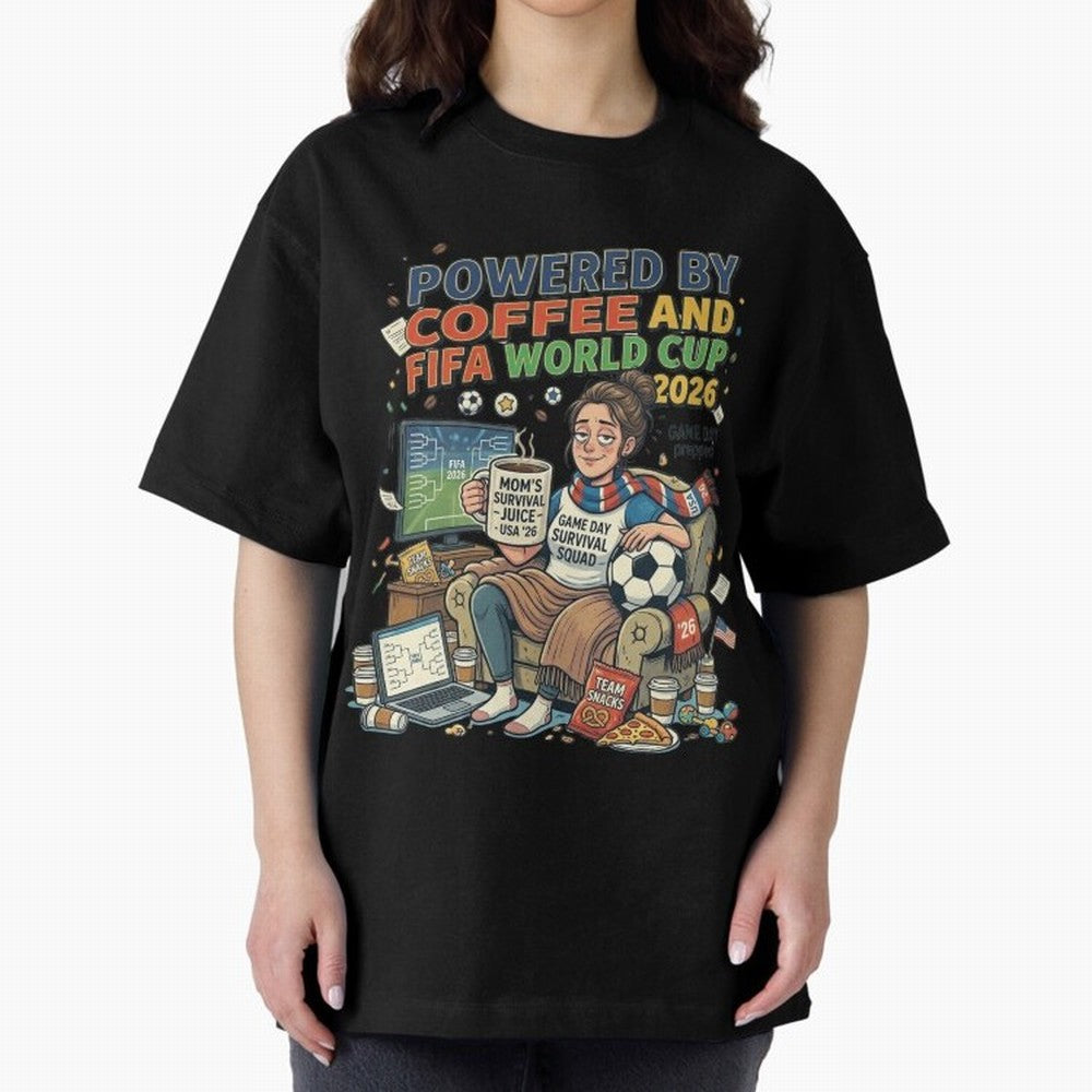 Soccer Mom Powered By Coffee And FIFA World Cup 2026 Funny USA Football Design Oversized T-Shirt Remember Iconic Moments from FIFA World Cup 2026 for Fans of Mbappe and Neymar and Spain and Netherlands, Bringing Supporter Pride, Iconic