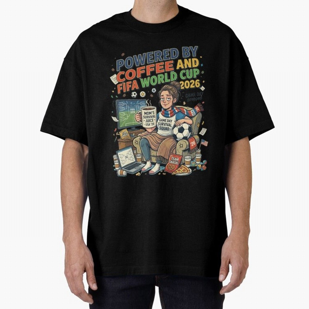 Soccer Mom Powered By Coffee And FIFA World Cup 2026 Funny USA Football Design Oversized T-Shirt Remember Iconic Moments from FIFA World Cup 2026 for Fans of Mbappe and Neymar and Spain and Netherlands, Bringing Supporter Pride, Iconic