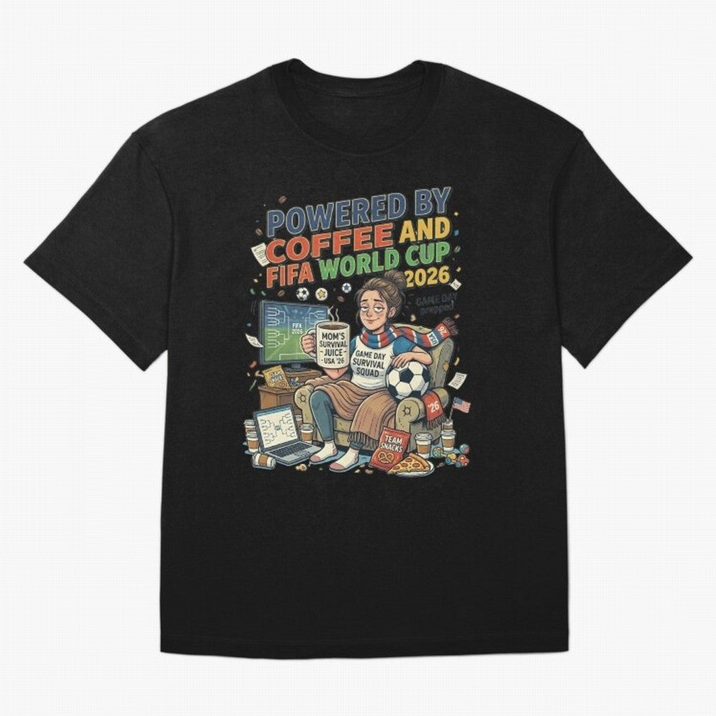 Soccer Mom Powered By Coffee And FIFA World Cup 2026 Funny USA Football Design Oversized T-Shirt Remember Iconic Moments from FIFA World Cup 2026 for Fans of Mbappe and Neymar and Spain and Netherlands, Bringing Supporter Pride, Iconic