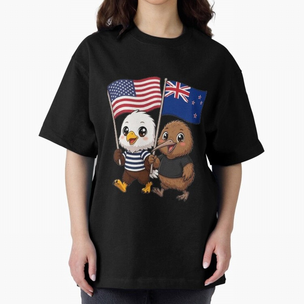 the American eagle and its friend the New Zealand kiwi Oversized T-Shirt Cheer for Global Football Passion for FIFA World Cup 2026 USA Canada Mexico, Driven by Cristiano Ronaldo, Spain, Retro Football Energy, Iconic Rivalries, Trophy Chase Drama