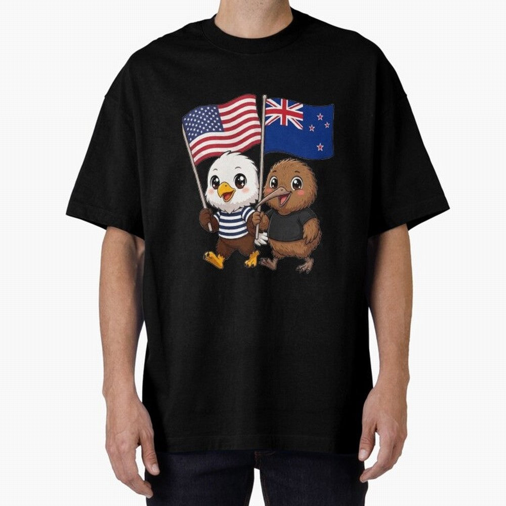 the American eagle and its friend the New Zealand kiwi Oversized T-Shirt Cheer for Global Football Passion for FIFA World Cup 2026 USA Canada Mexico, Driven by Cristiano Ronaldo, Spain, Retro Football Energy, Iconic Rivalries, Trophy Chase Drama