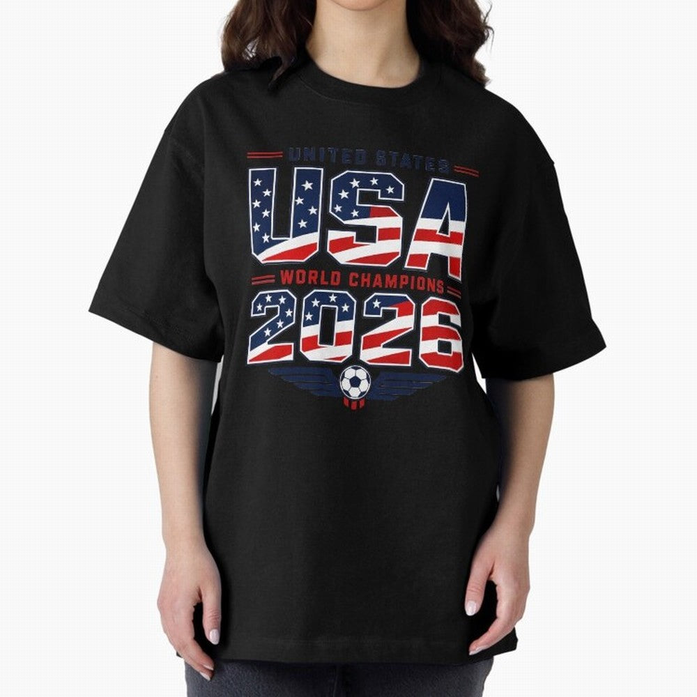 USA World Champions 2026 ¨C Patriotic Soccer Fan Shirt Oversized T-Shirt Bring Match Day Fire to FIFA World Cup 2026 for Fans of Messi, CR7 and Mbappe and Portugal, Bringing Goal Celebration Energy, Supporter Heritage, Football Icons and Worldwide