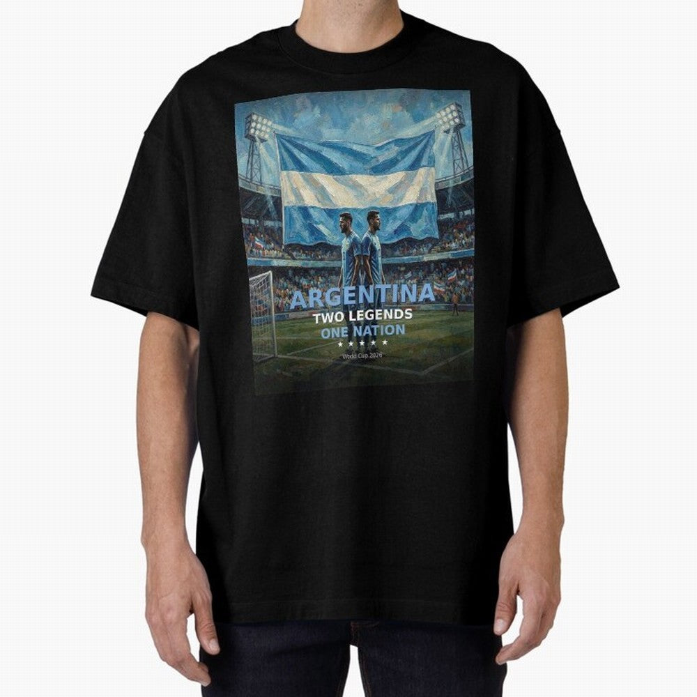 Argentina Two Legends One Nation - World Cup 2026 Soccer Fan Tee Oversized T-Shirt Spotlight Match Day Hype around FIFA World Cup 2026 Group Stage, Cristiano Ronaldo, Haaland and CR7, England and Germany, Football Passion, Legendary Performances,