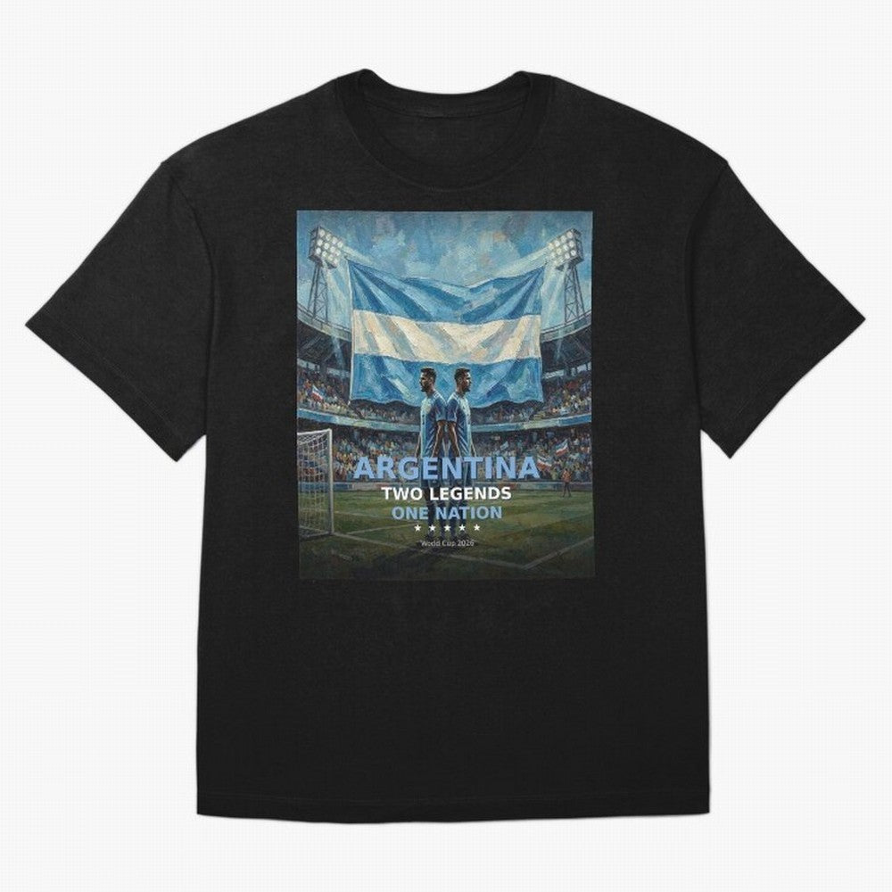 Argentina Two Legends One Nation - World Cup 2026 Soccer Fan Tee Oversized T-Shirt Spotlight Match Day Hype around FIFA World Cup 2026 Group Stage, Cristiano Ronaldo, Haaland and CR7, England and Germany, Football Passion, Legendary Performances,