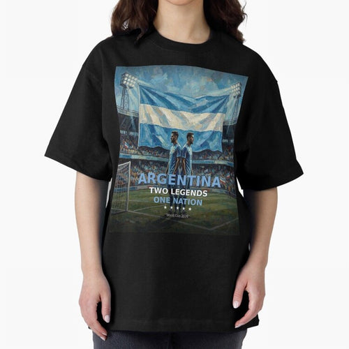 Argentina Two Legends One Nation - World Cup 2026 Soccer Fan Tee Oversized T-Shirt Spotlight Match Day Hype around FIFA World Cup 2026 Group Stage, Cristiano Ronaldo, Haaland and CR7, England and Germany, Football Passion, Legendary Performances,