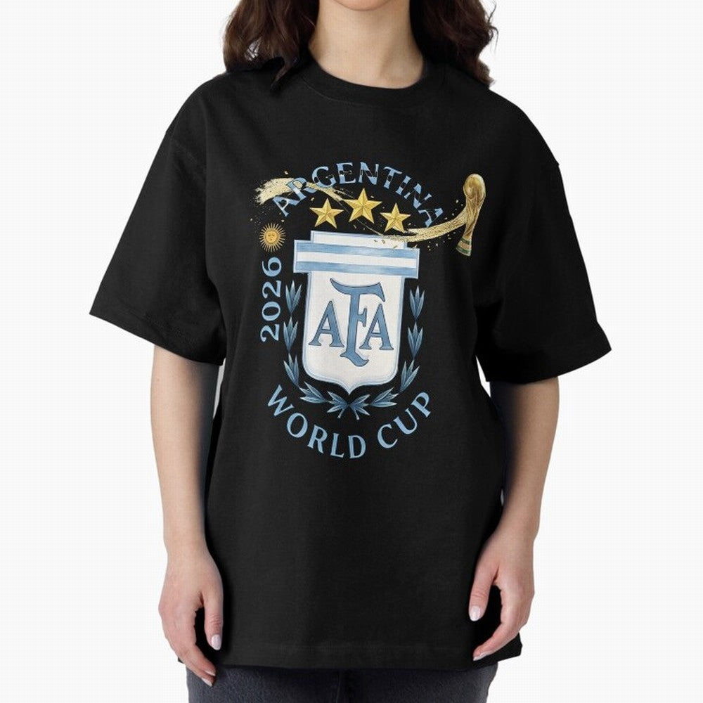 Argentina Football Champion World Cup 2026 - Gold Stars Watercolor Oversized T-Shirt Bring a Champion Mindset to the FIFA World Cup 2026 Journey through Messi and Cristiano Ronaldo Highlights, Argentina Pride, Vintage Soccer Flavor, Modern Football
