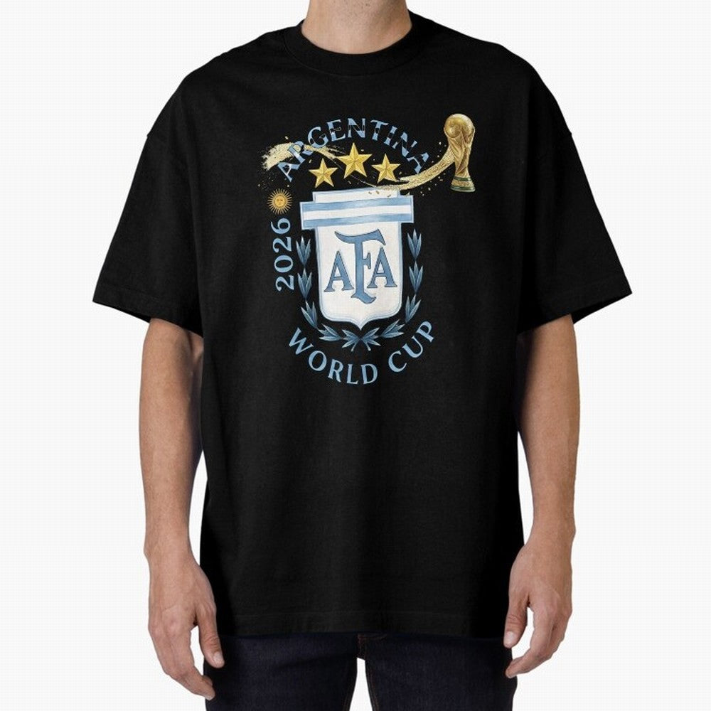 Argentina Football Champion World Cup 2026 - Gold Stars Watercolor Oversized T-Shirt Bring a Champion Mindset to the FIFA World Cup 2026 Journey through Messi and Cristiano Ronaldo Highlights, Argentina Pride, Vintage Soccer Flavor, Modern Football