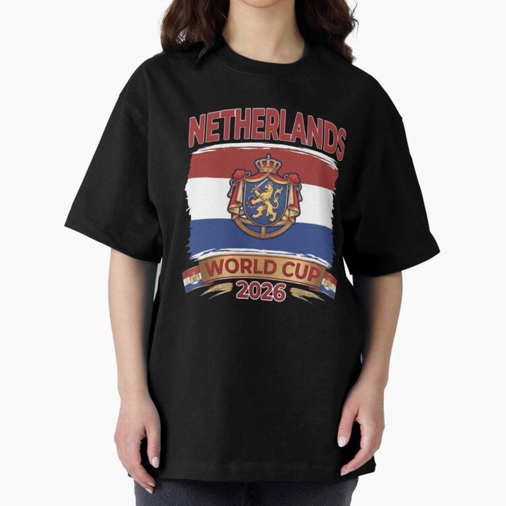 Netherlands World Cup 2026 Coat of Arms Football Design Oversized T-Shirt Wear the Spirit of FIFA World Cup 2026 USA Canada Mexico Filled with Mbappe and Neymar, Argentina, France and Brazil Energy, Stadium Chants, National Pride, Trophy Dreams and