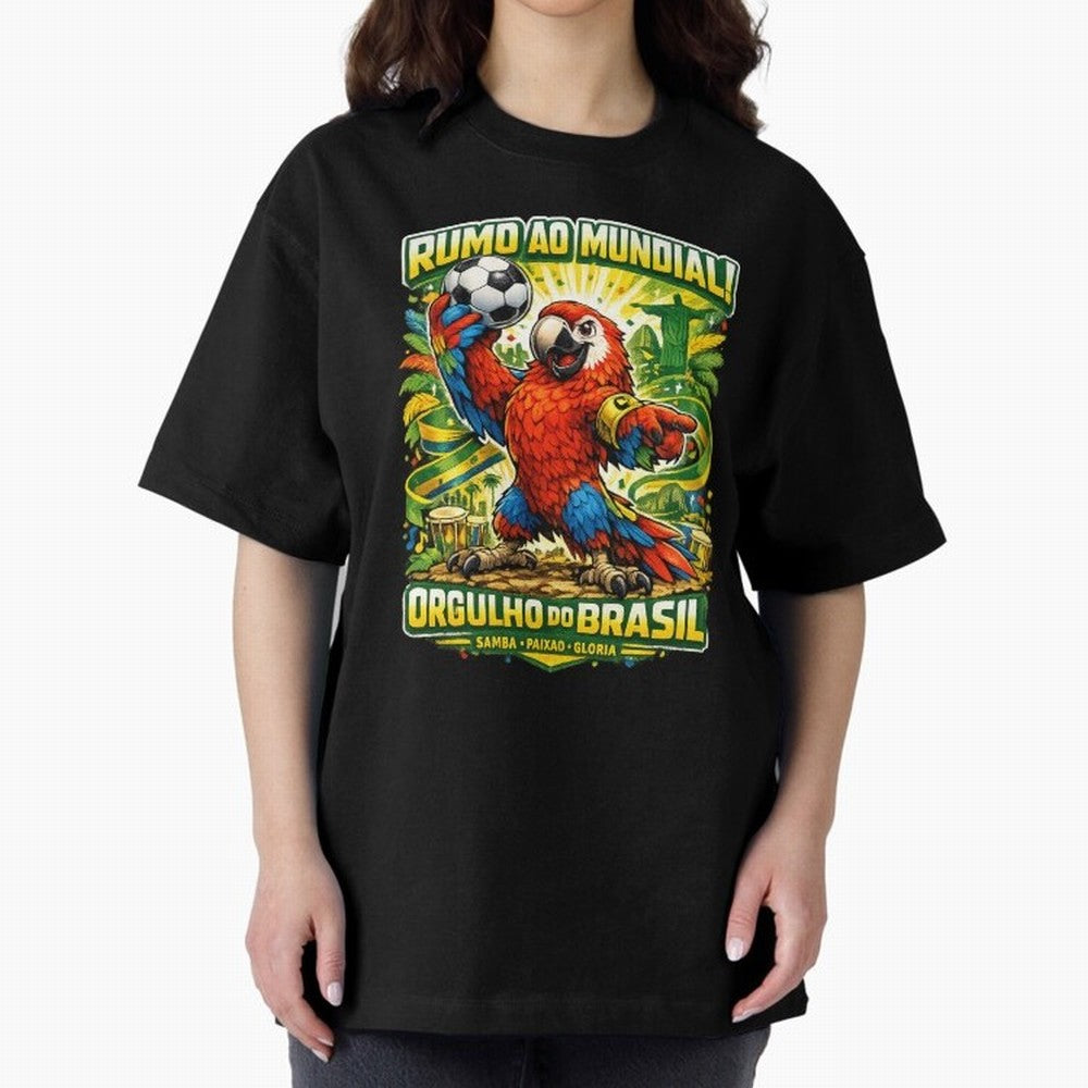 Brazil World Cup 2026 Macaw Fan Art Oversized T-Shirt Represent the Passion of FIFA World Cup 2026 Spirit, Capturing Portugal, Spain and Germany, Mbappe, Goal Celebration Energy, Supporter Heritage, Football Icons and Worldwide Tournament Joy;