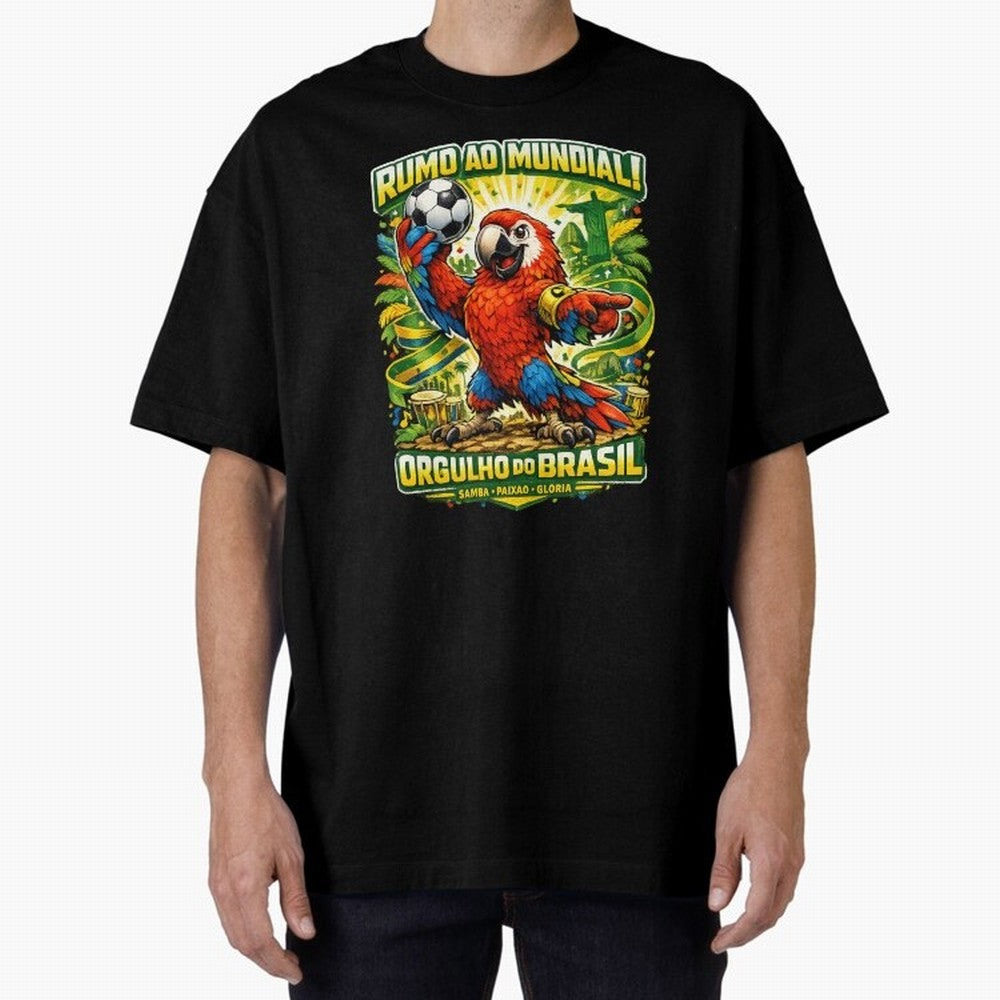 Brazil World Cup 2026 Macaw Fan Art Oversized T-Shirt Represent the Passion of FIFA World Cup 2026 Spirit, Capturing Portugal, Spain and Germany, Mbappe, Goal Celebration Energy, Supporter Heritage, Football Icons and Worldwide Tournament Joy;