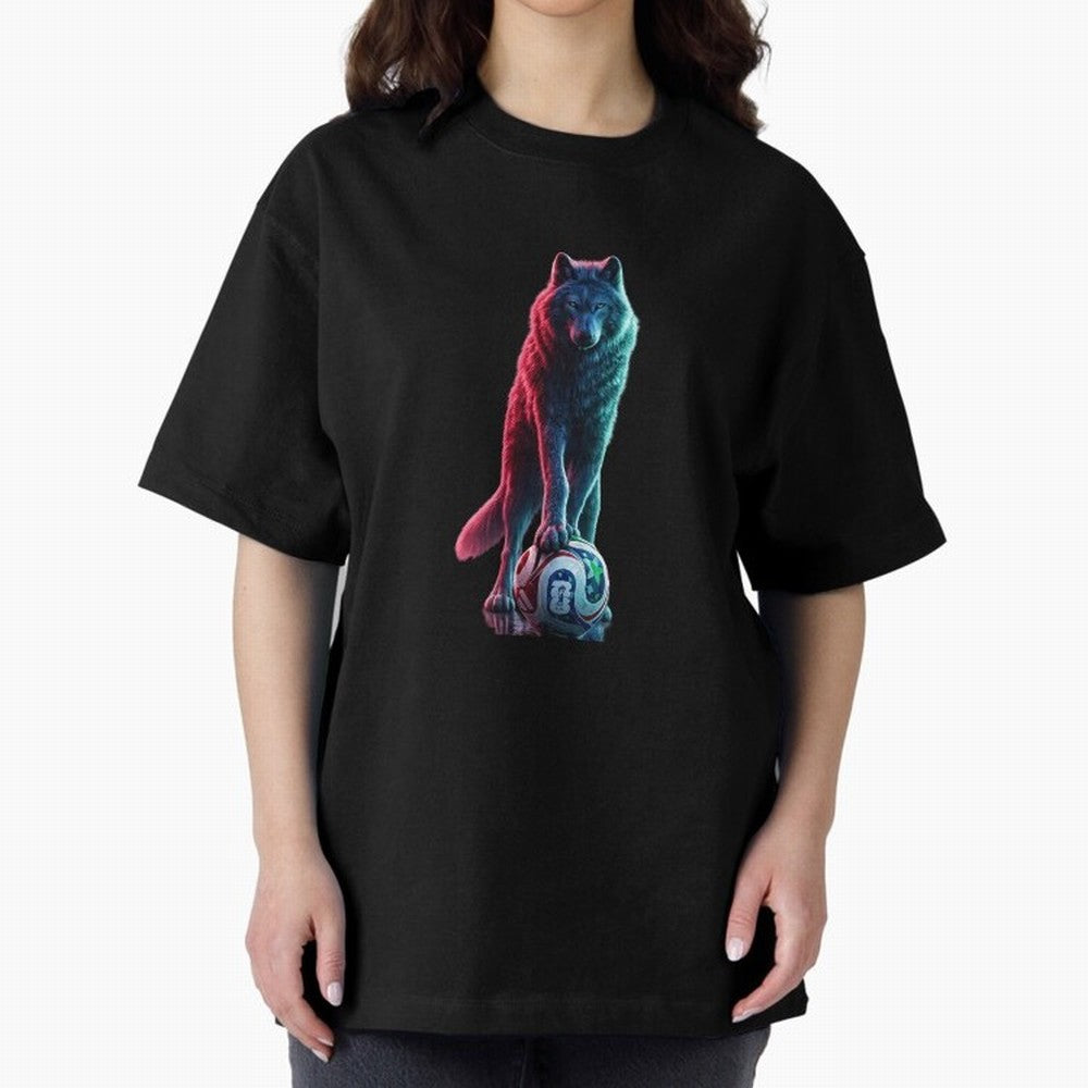 Neon Alpha Wolf with Soccer Ball | Futuristic Sports Fantasy Art Oversized T-Shirt Support the Legends of Match Day Hype around FIFA World Cup 2026 Group Stage, CR7, Germany, Worldwide Fan Energy, Dramatic Goals, Stadium Lights and Championship