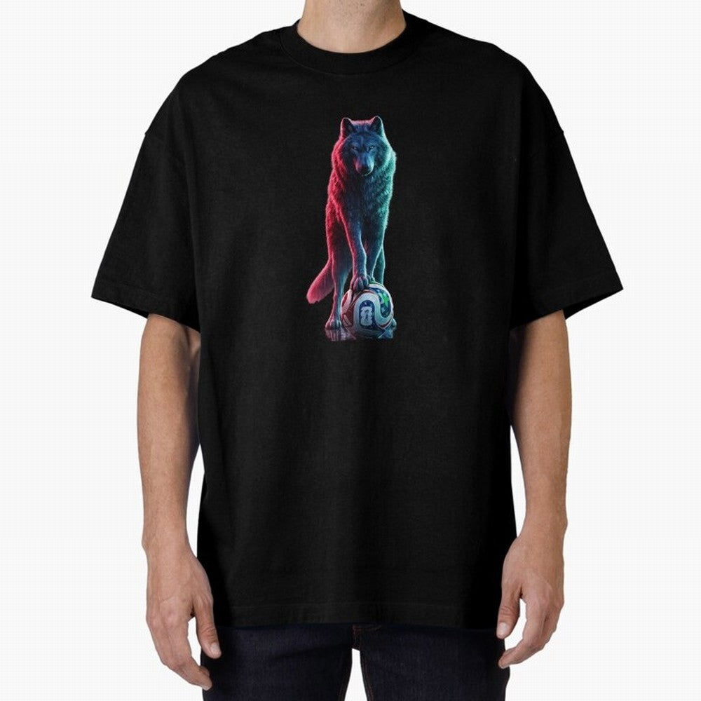 Neon Alpha Wolf with Soccer Ball | Futuristic Sports Fantasy Art Oversized T-Shirt Support the Legends of Match Day Hype around FIFA World Cup 2026 Group Stage, CR7, Germany, Worldwide Fan Energy, Dramatic Goals, Stadium Lights and Championship