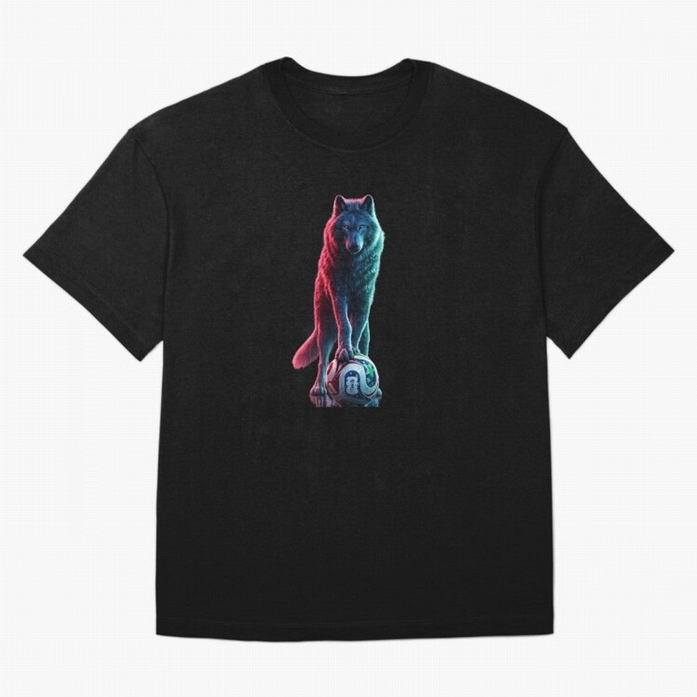 Neon Alpha Wolf with Soccer Ball | Futuristic Sports Fantasy Art Oversized T-Shirt Support the Legends of Match Day Hype around FIFA World Cup 2026 Group Stage, CR7, Germany, Worldwide Fan Energy, Dramatic Goals, Stadium Lights and Championship