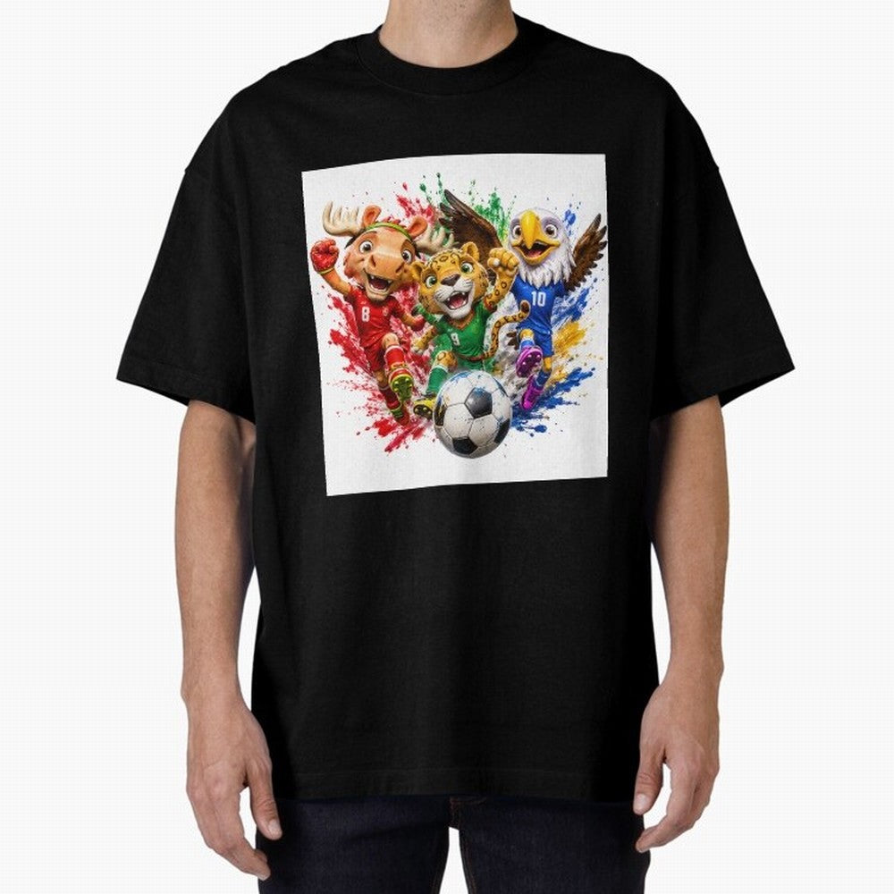 World Football Mascots ¨C Ultimate Soccer Fan Cartoon Design Oversized T-Shirt Live the Energy of Global Football Passion for FIFA World Cup 2026, Centered on Messi, CR7 and Mbappe, Portugal, Worldwide Fan Energy, Dramatic Goals, Stadium Lights and