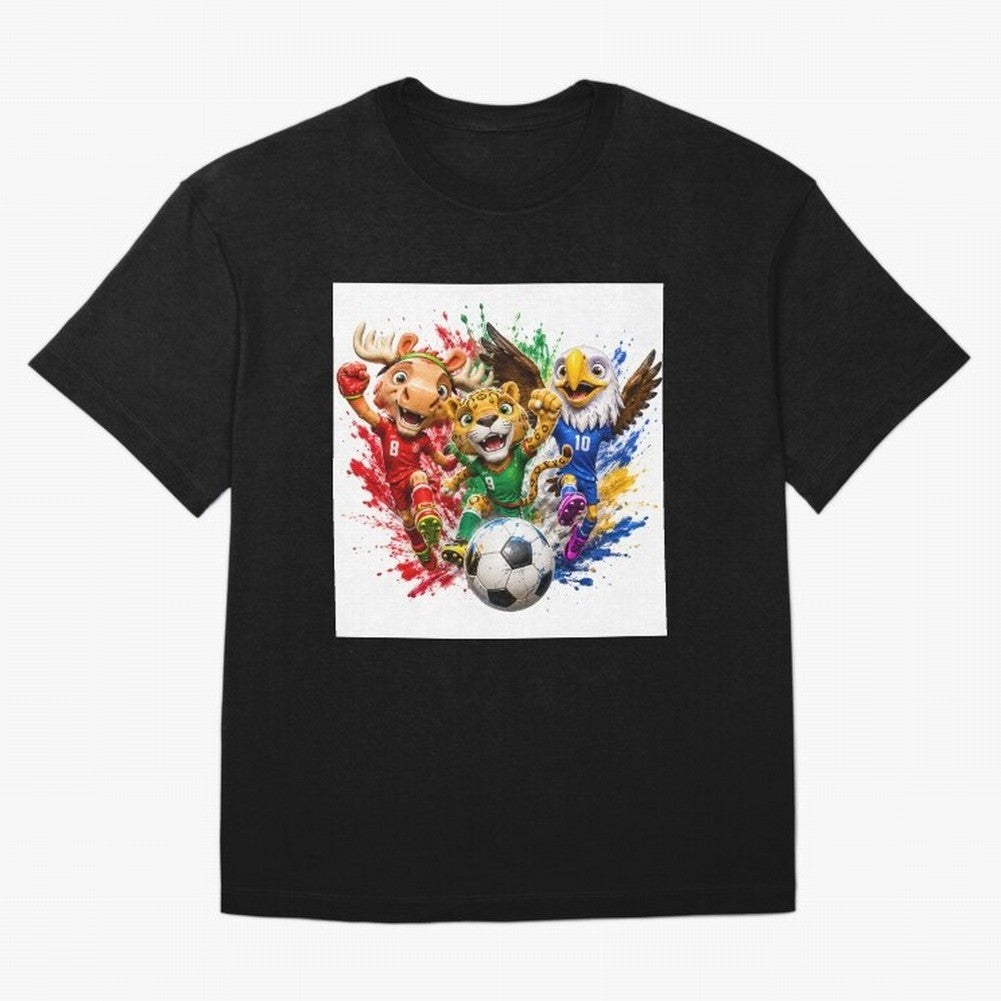 World Football Mascots ¨C Ultimate Soccer Fan Cartoon Design Oversized T-Shirt Live the Energy of Global Football Passion for FIFA World Cup 2026, Centered on Messi, CR7 and Mbappe, Portugal, Worldwide Fan Energy, Dramatic Goals, Stadium Lights and