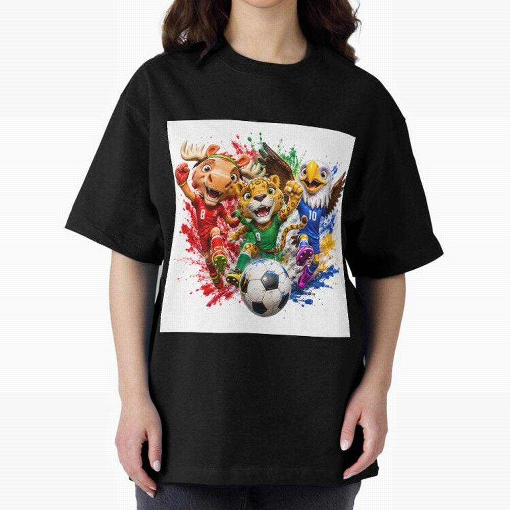 World Football Mascots ¨C Ultimate Soccer Fan Cartoon Design Oversized T-Shirt Live the Energy of Global Football Passion for FIFA World Cup 2026, Centered on Messi, CR7 and Mbappe, Portugal, Worldwide Fan Energy, Dramatic Goals, Stadium Lights and