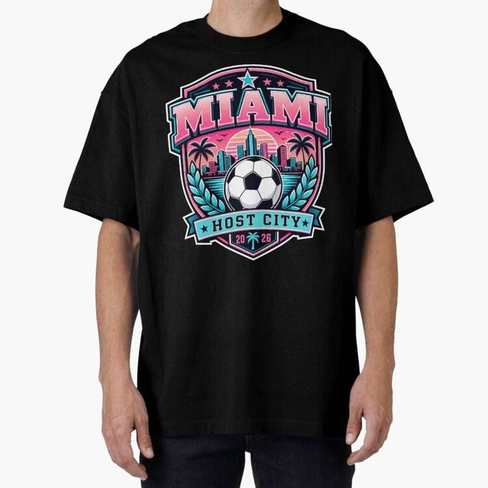 Miami 2026 Host City Emblem Soccer Football Events Oversized T-Shirt Refresh FIFA World Cup 2026 USA Canada Mexico Spirit, Celebrating Brazil, Messi, Vintage Soccer Flavor, Modern Football Stars, National Flags and Final Night Emotion; Perfect for