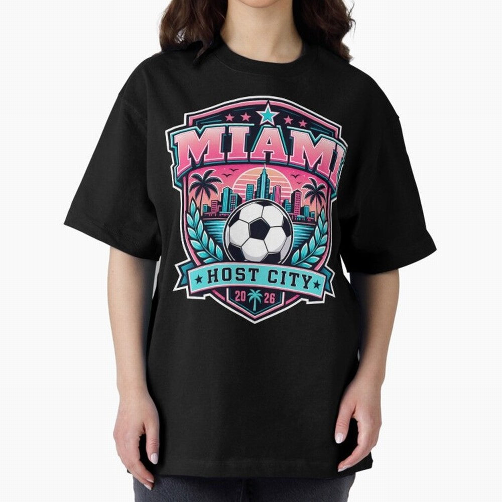 Miami 2026 Host City Emblem Soccer Football Events Oversized T-Shirt Refresh FIFA World Cup 2026 USA Canada Mexico Spirit, Celebrating Brazil, Messi, Vintage Soccer Flavor, Modern Football Stars, National Flags and Final Night Emotion; Perfect for
