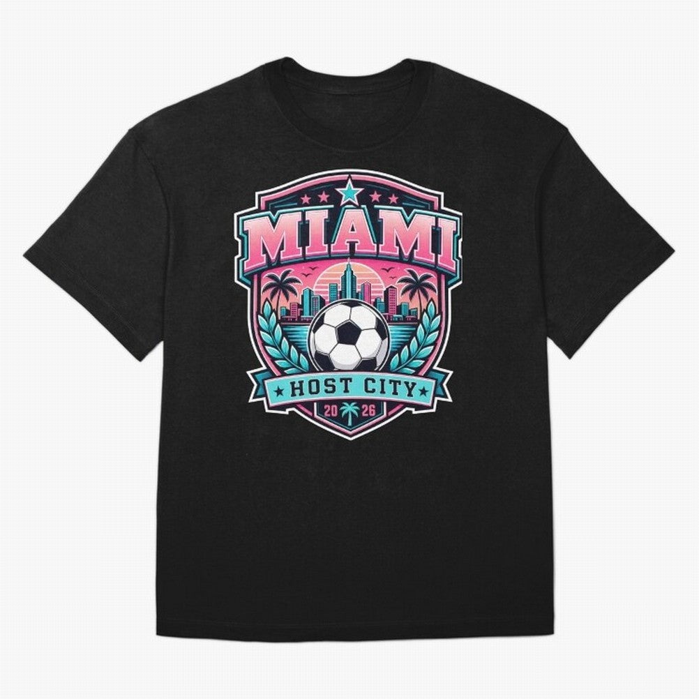 Miami 2026 Host City Emblem Soccer Football Events Oversized T-Shirt Refresh FIFA World Cup 2026 USA Canada Mexico Spirit, Celebrating Brazil, Messi, Vintage Soccer Flavor, Modern Football Stars, National Flags and Final Night Emotion; Perfect for
