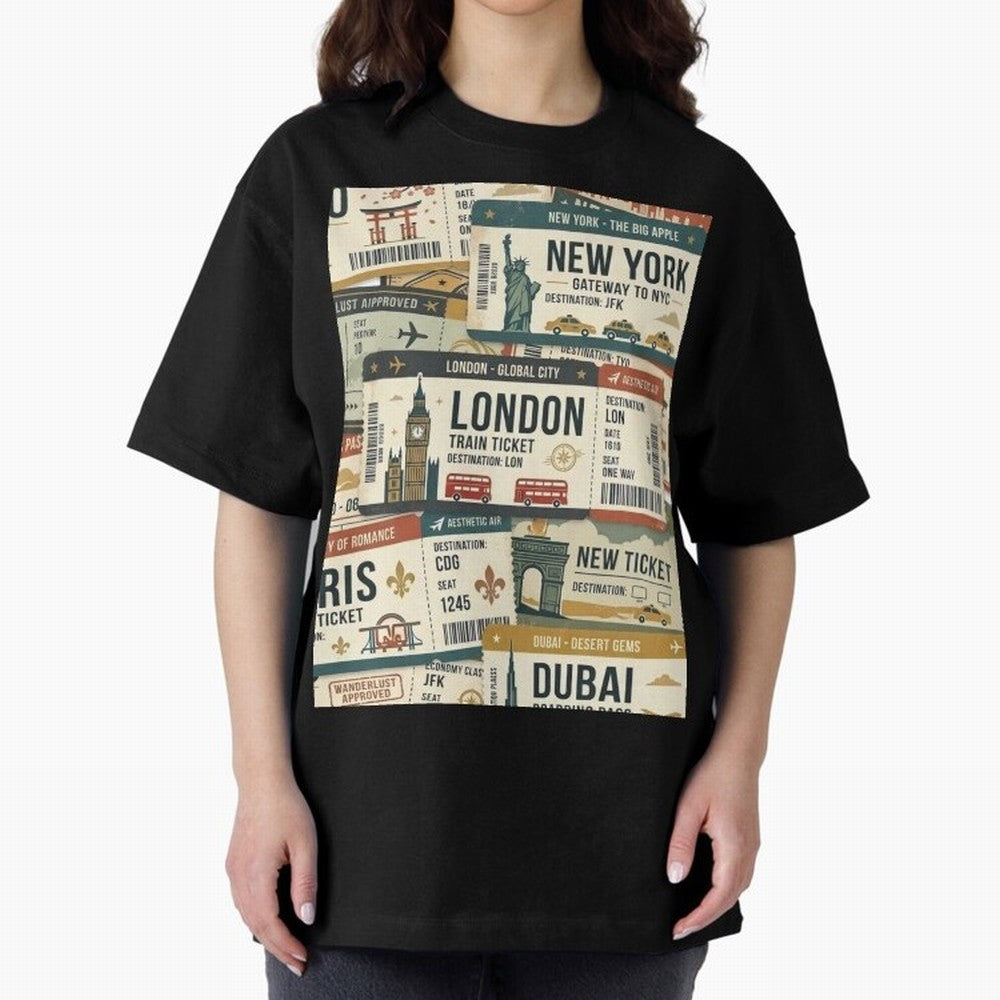 World Travel Ticket Aesthetic Collage Global City Vibes Oversized T-Shirt Remember Iconic Moments from the FIFA World Cup 2026 Group Stage Journey through Neymar Highlights, Argentina and Brazil Pride, Stadium Memories, Football Loyalty,